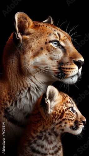 Male panther and cub portrait with ample empty space on the left for text placement
