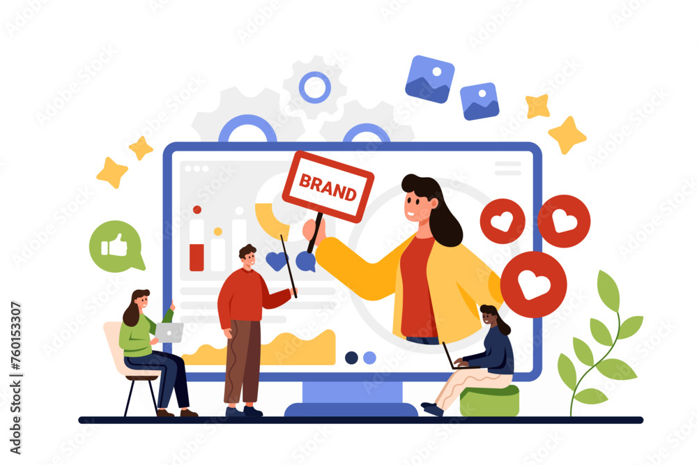 Personal branding online course. Tiny people create brand identity and recognition by customers on marketing lesson or webinar, teacher with pointer teaching students cartoon vector illustration