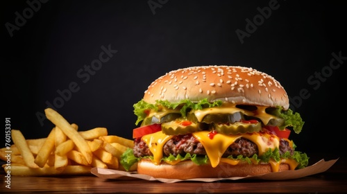 Gourmet styled cheeseburger with crispy french fries against a dark background for enhanced appeal