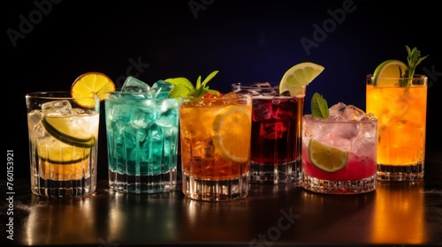 An atmospheric image of assorted cocktails, each with unique garnish, in soft ambient lighting