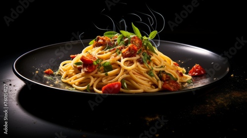 Delicious hot spaghetti with cherry tomatoes and fresh basil on dark table, gourmet Italian cuisine