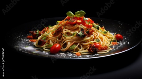 Appetizing spaghetti with cherry tomatoes, basil, and dusting of cheese, with a dramatic black setting