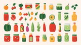 This image features a delightful collection of illustrated jars filled with a variety of fruits and vegetables, ideal for cookbook illustrations