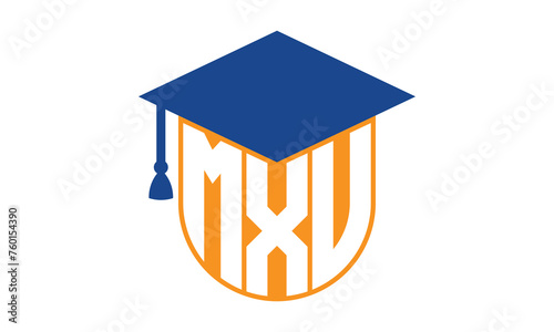 MXV initial letter academic logo design vector template. school college logo, university logo, graduation cap logo, institute logo, educational logo, library logo, teaching logo, book shop, varsity	
 photo