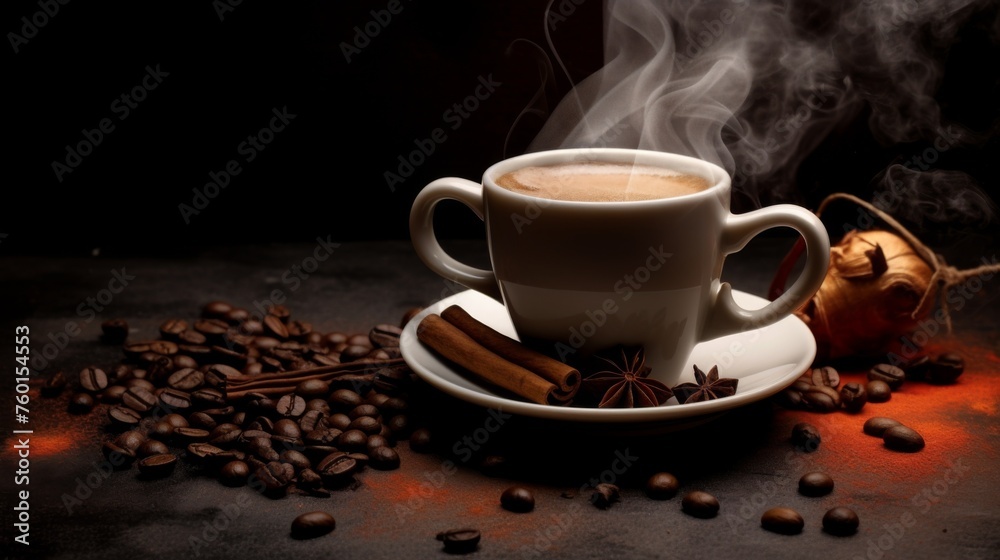 This shot features a warm cup of coffee with a cinnamon stick and star anise on the side, creating a cozy feel This shot features a warm cup of coffee with a cinnamon stick and star anise on the side, creating a cozy feel