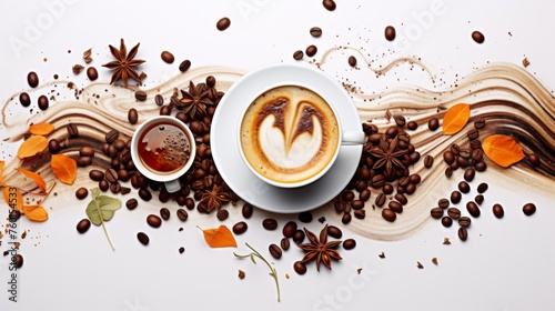 Creative flat lay of coffee cup encircled by beans, with artistic cream pattern and orange leaves