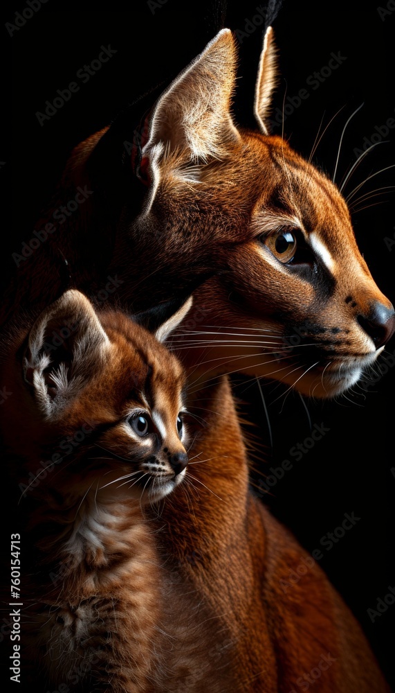 Male caracal and kitten, object to right, ample space on left for text placement Male caracal and kitten, object to right, ample space on left for text placement