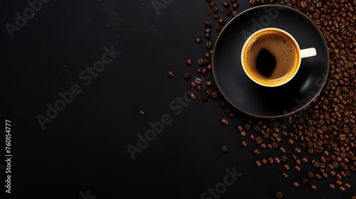 An elegant presentation of an espresso in a black cup with coffee beans artistically spread on one side