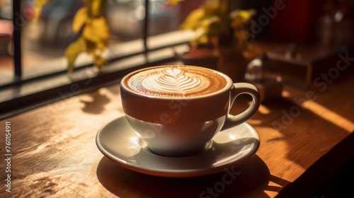 A warm cup of coffee with beautiful latte art  placed on a wooden table near a sunny window