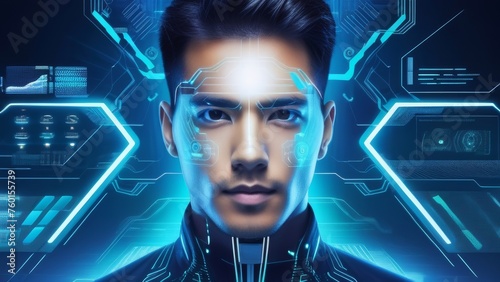 Man's face with a futuristic blue cyber network interface and technology graphics