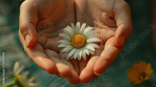 Lovely infant foot with little white daisy in mothers hands. Generative AI photo