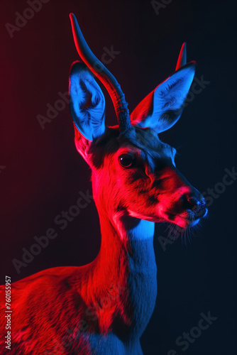 Neon Glow Artistic Deer Portrait in Blue and Red. Generative AI image photo