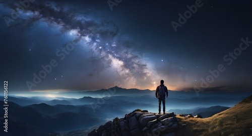 Man standing on the mountain at night with starry sky and Milky Way © Zaman