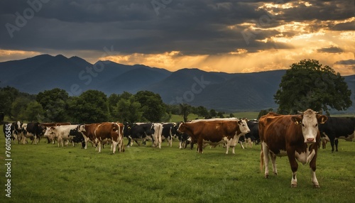 Meadow scene with ranching cows, highlighted by striking and dramatic lighting
