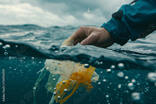 Hand plucking plastic out of the ocean waves. Generative AI image
