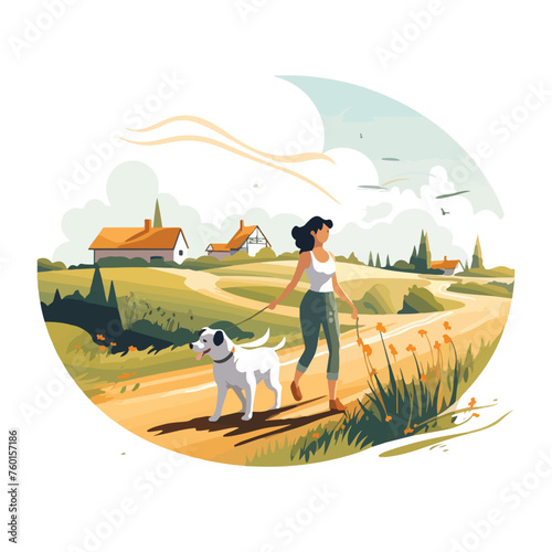 Woman walking pet dog on leash among crops in sunny