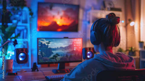a girl in headphones playing computer