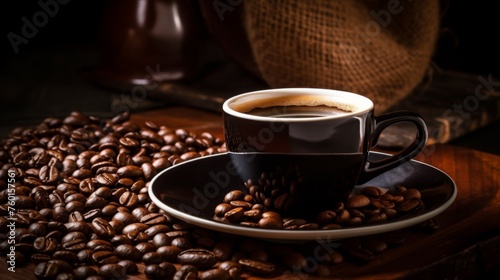 An enticing image of a steaming coffee cup surrounded by dark roasted beans on a wooden table