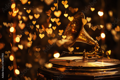 Vintage phonograph with glowing heart bokeh. Generative AI image