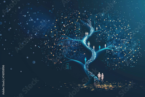 This illustration represents a stylized, glowing family tree with highlighted paths connecting different generations, set against a deep blue background, evoking a sense of connectivity and heritage.