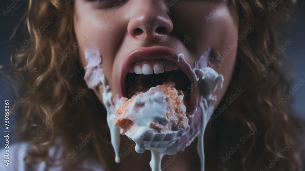The image highlights the messy indulgence of a woman enjoying ice cream, drips falling onto her chin, symbolizing pure joy and childlike pleasure