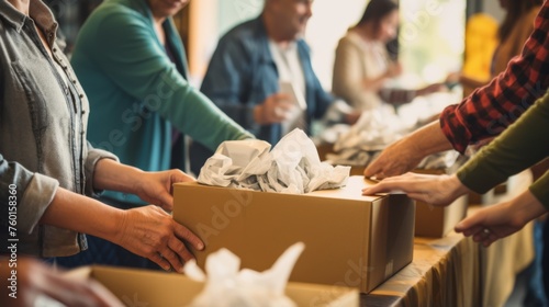 Hands working together to pack a cardboard box full of items, representing the collective effort in a community helping those in need