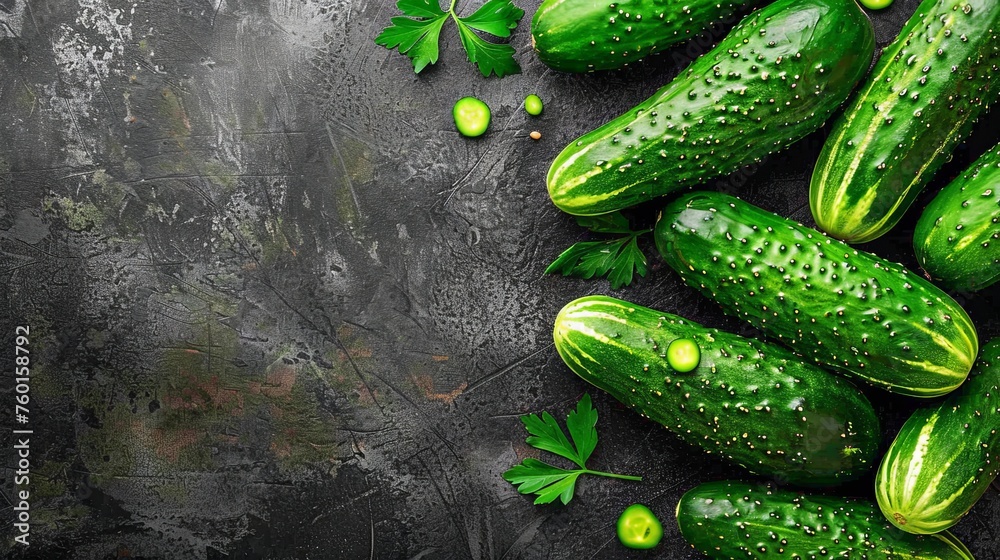 Fresh organic cucumbers texture background ideal for food blogs and healthy living sites - obrazy, fototapety, plakaty 
