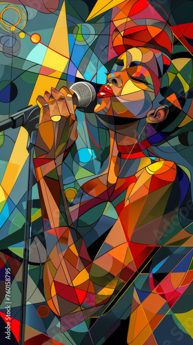 Female Jazz musician holding a microphone and singer in a New Orleans jazz club, abstract cubist style.