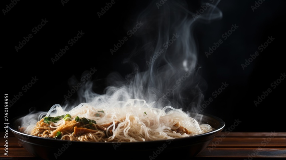 Aromatic steam rises from a bowl of hot noodles, beautifully presented with greens and spices Aromatic steam rises from a bowl of hot noodles, beautifully presented with greens and spices