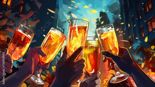 Hands come together holding drinks glasses high in a toast, with a joyous party scene in the background photo