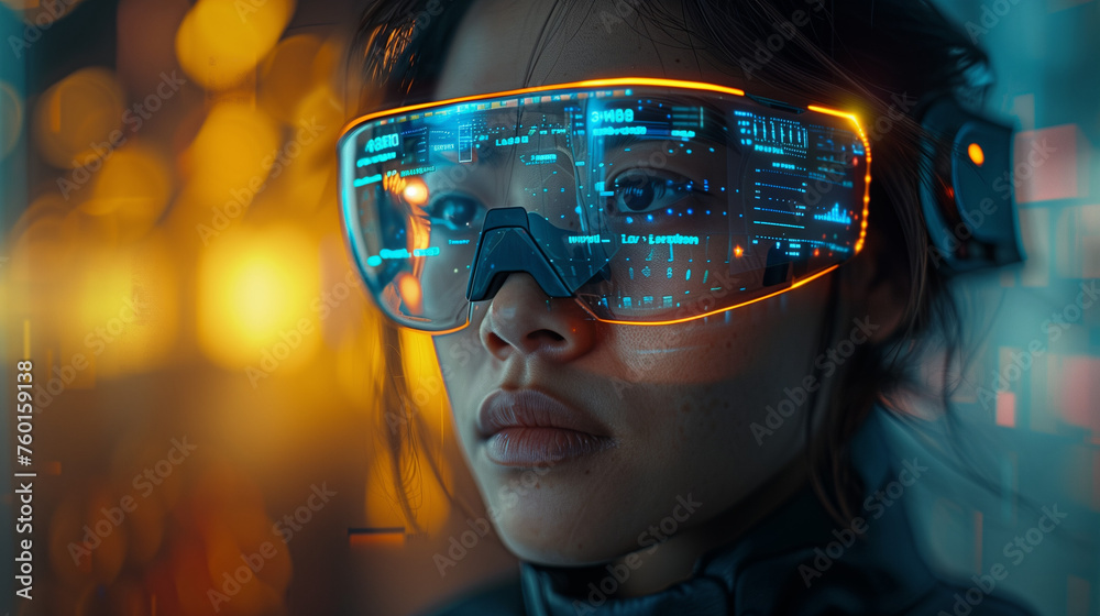 woman financial analyst wearing an artificial intelligence powered virtual headset and crunching numbers woman financial analyst wearing an artificial intelligence powered virtual headset and crunching numbers