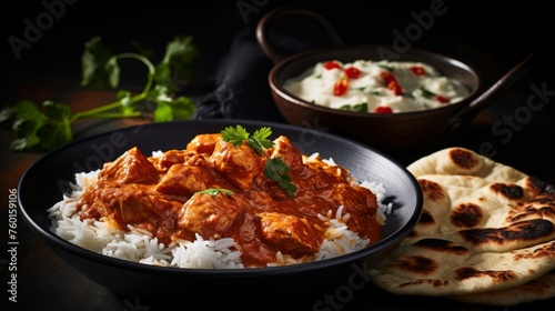 A dark  elegant presentation of Chicken Tikka Masala with perfectly steamed rice  fresh naan  and herbs