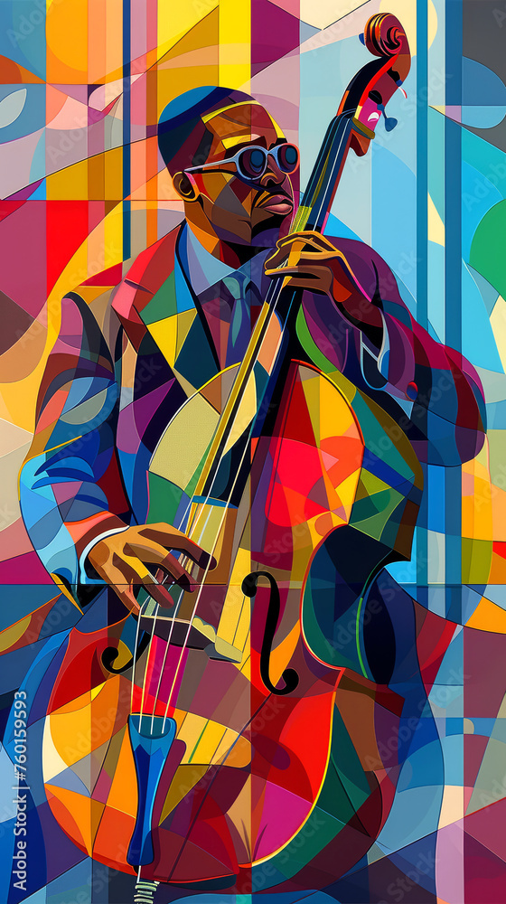 Jazz musician playing a double base in a New Orleans jazz club, abstract cubist style.