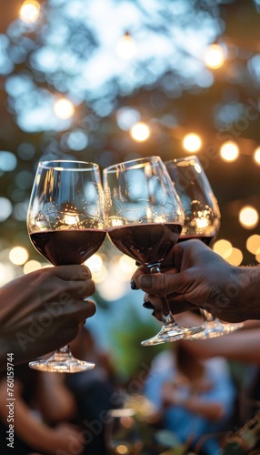 Friends enjoying summer party, toasting with red wine outdoors in a cheerful gathering