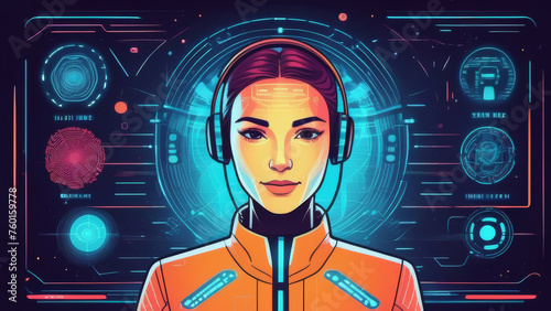Cybernetic woman with headphones and futuristic graphical display