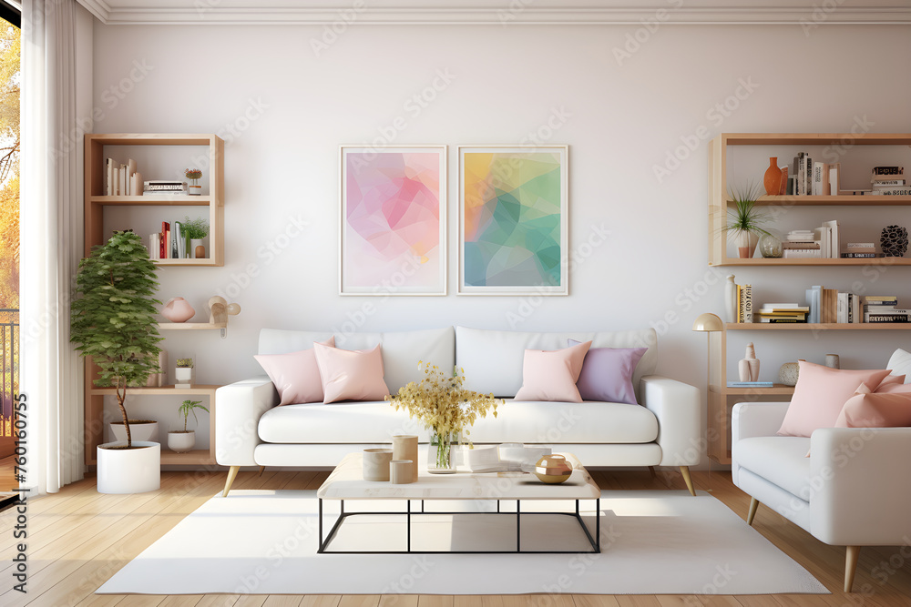 Contemporary Living Room Decoration with Pastel Shades and Indoor Plants