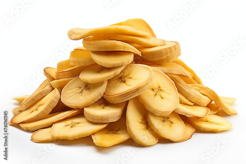 dried fruit, banana chips isolated on white background. Vegan food,