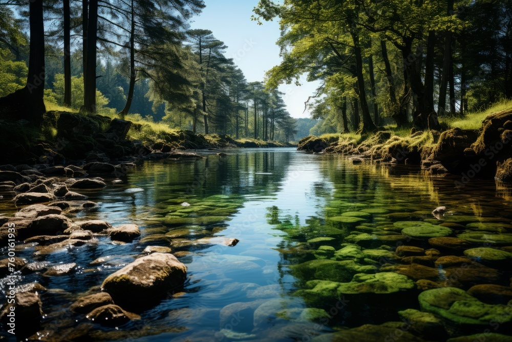 A river flows through a forest with trees and rocks, shaping a natural landscape