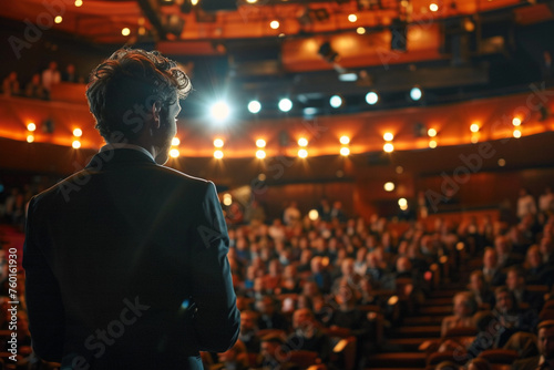 A businessman presenting quarterly earnings to shareholders in a grand auditorium. photo