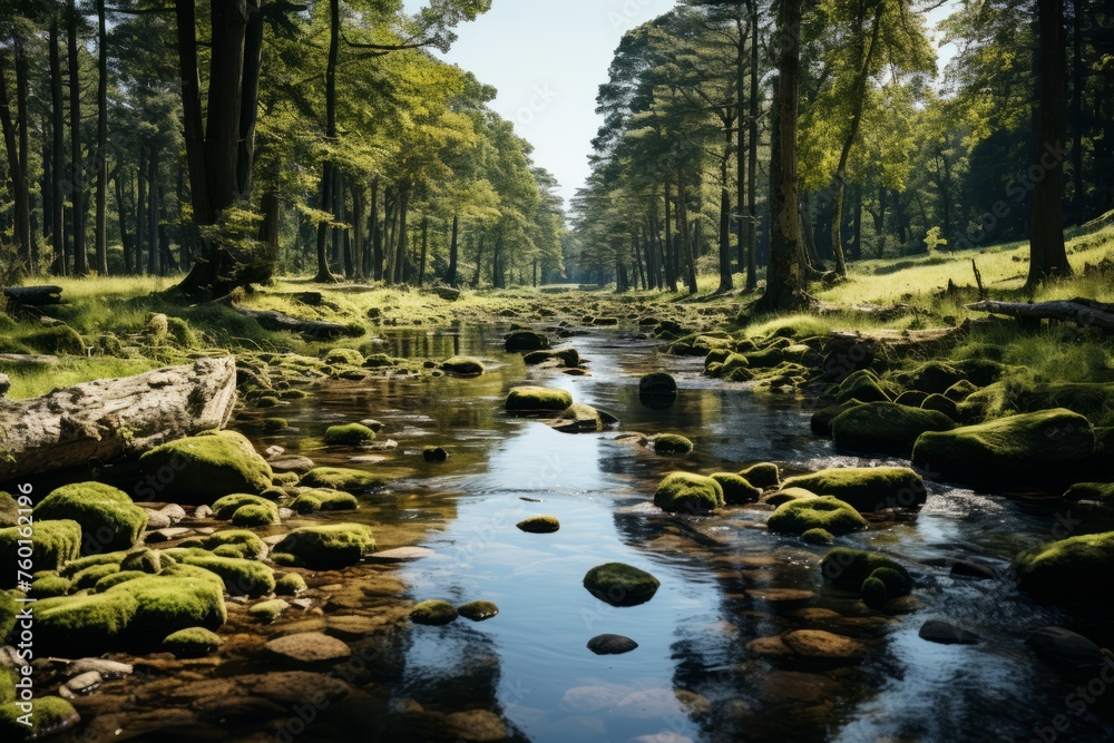 Water flowing through a forest with trees, rocks, and grass along the riverbank