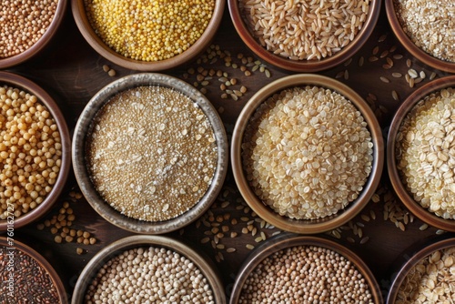 A variety of whole grains including brown rice, quinoa, oats, and barley arranged in bowls, symbolizing a nutritious diet for a healthy lifestyle.