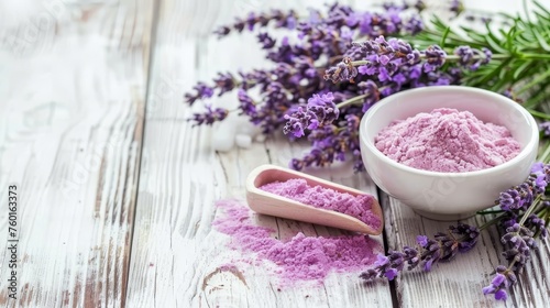 Organic lavender flowers in mortar on table ingredient for natural beauty product