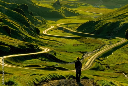 A solitary individual stands at the start of a winding path symbolizing a career journey, with the road branching off into multiple directions, representing lifes choices and opportunities.