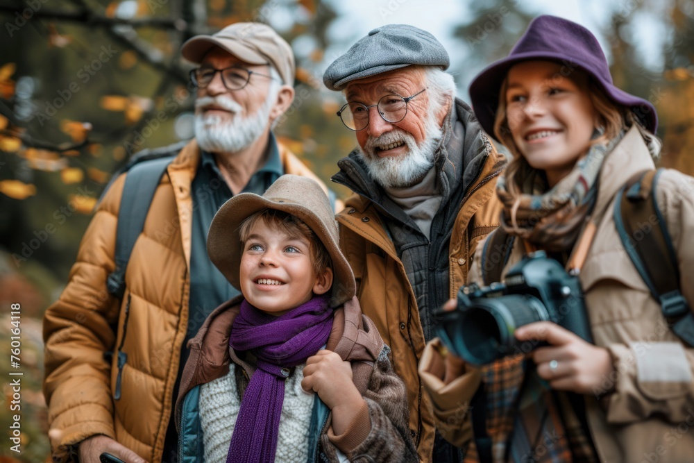 A family of four, two adults and two children, are standing in the woods. A family of four, two adults and two children, are standing in the woods.