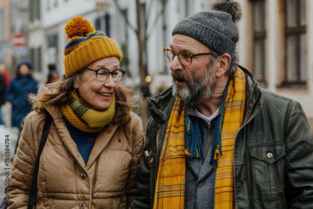 A senior couple is seen enjoying their city tour, exploring the urban landscape. They are dressed in comfortable travel attire embodying the spirit of adventure and lifelong learning. A senior couple is seen enjoying their city tour, exploring the urban landscape. They are dressed in comfortable travel attire embodying the spirit of adventure and lifelong learning.