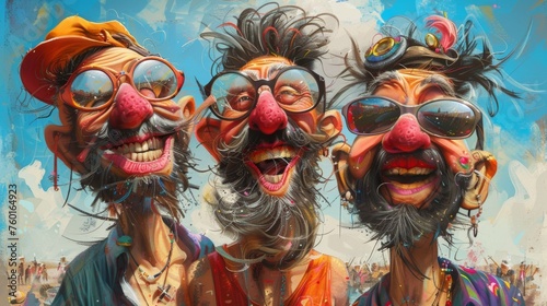 Three men with big noses and glasses are painted on a painting, AI © starush