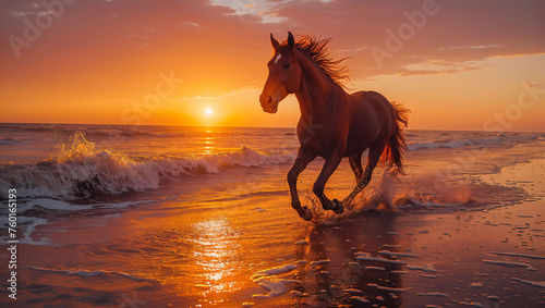 A horse galloping along a sandy beach, its powerful form contrasted against the serene backdrop of the ocean and the setting sun