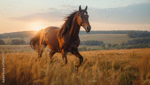 A majestic horse galloping freely across a lush meadow, embodying grace and strength, with a backdrop of rolling hills under a clear sky © akarawit