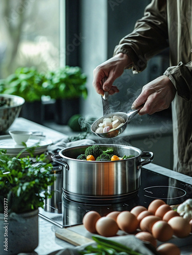 Modern kitchen, a stainless steel pot siding garlic to vegetables