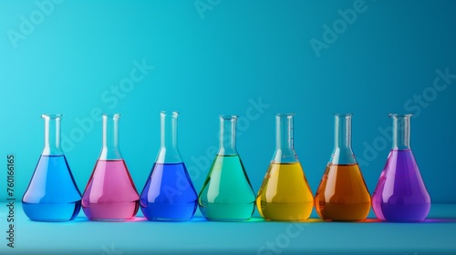 A row of colorful glass vials with liquid in them, AI
